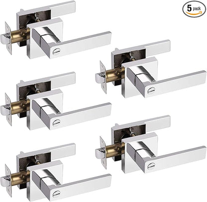Probrico Bed and Bath Door Locks Interior Heavy Duty Privacy Levers in Polished Chrome Modern Square Door Handles Keyless Lockset for Right/Left Handed Doors, 5 Pack