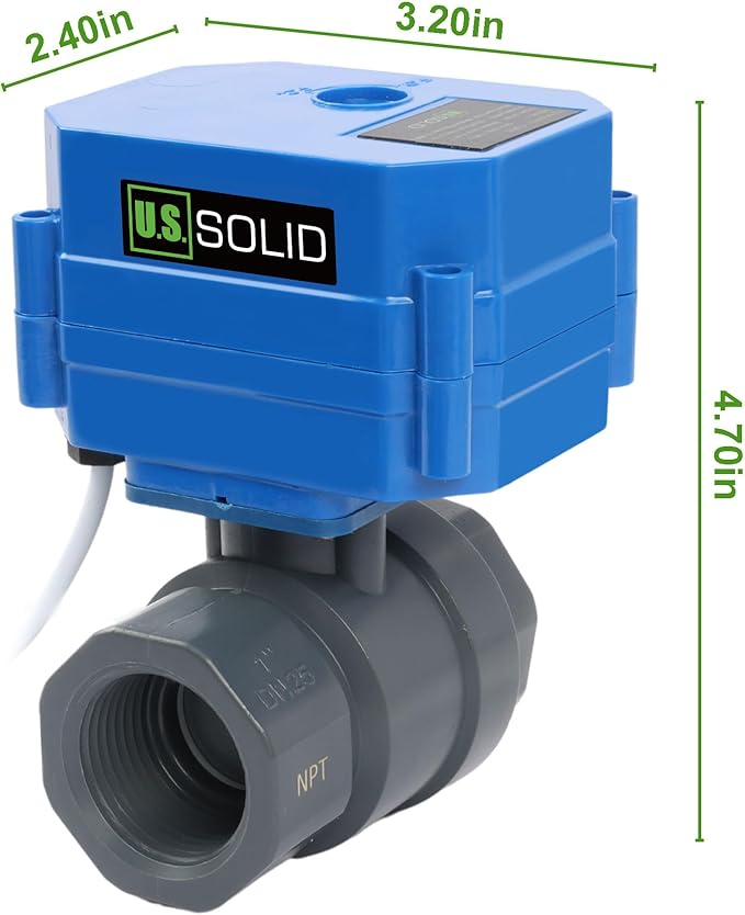 U.S. Solid 1"UPVC Motorized Ball Valve - Plastic Electrical Ball Valve with Full Port, 2 Wire Auto Return, 110V AC, Normally Closed