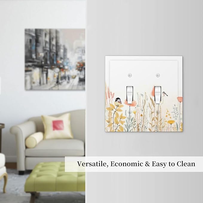 Decorative Switch Plates Colorful Floral Watercolour Cuddly Bird 2 Gang Double Toggle Outlet Light Switch Cover Wall Plate Electrical Faceplate For Bed Room Living Room Decor