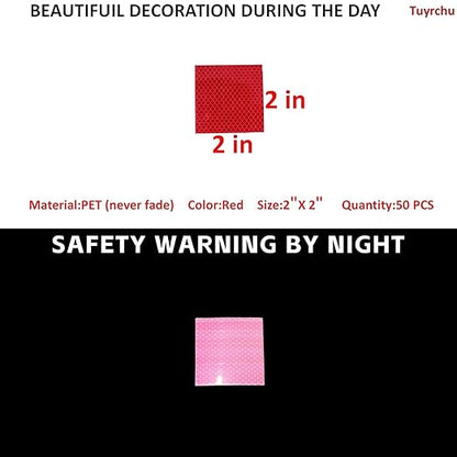 Non Fading Red Reflective Stickers 2 inch X 2 inch, Outdoor Waterproof High Visibility Warning Safety Adhesive Reflector Tape (50 Pcs)
