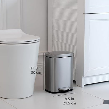 Amazon Basics Smudge Resistant Mini Rectangular Trash Can With Soft-Close Foot Pedal, Brushed Stainless Steel, for Bathroom & small space, 5L/1.32 Gal, 7.3x8.5x11.8 in, Satin Nickel Finish