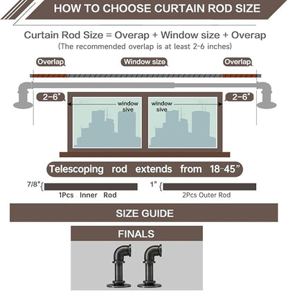 Industrial Curtain Rods 18 to 45 in,Wrap Around Rods, Adjustable Curtain Pole,1 in Diameter Pipe Wall or Ceiling Mounted,for Living Room(Antique Nickel 18” to 45”)