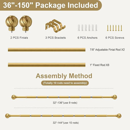Gold Curtain Rods for Windows 72 to 144 Inch Long Adjustable Window Curtain Rod 7/8" Diamete Heavy Duty with Decorative Finials for Farmhouse Bedroom Living Room Kitchen Outdoor
