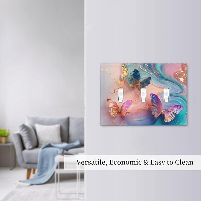Colorful Marble Butterfly Gold Glitter Abstract Print Decorative Switch Plates 3 Gang Wall Plate Triple Toggle Light Switch Cover Faceplate Electrical Wall Panels for Bed Room Living Room Decor