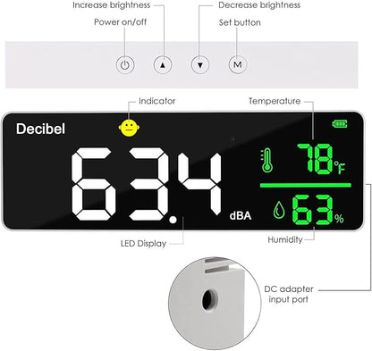 Decibel Meter Wall Hanging Sound Level Meter 11 inch Large LED Display Noise Temperature Humidity Meter with Alarm Icons Indicator Wide Applications for Classroom, Studio, Home, Factory