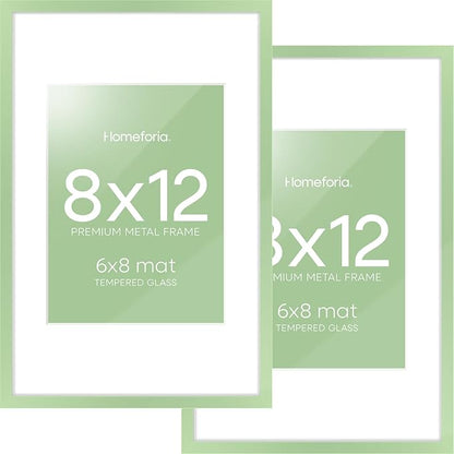 Homeforia 8x12 Picture Frame Sage Green, High End Metal 8 x 12 Poster Frames with Mat 6 by 8 Photo, 12x8 Frame Matted to 6x8 inch Art, 8by12 Wall or Tabletop Frames, Tempered Glass, Wall Kit, Set of 2