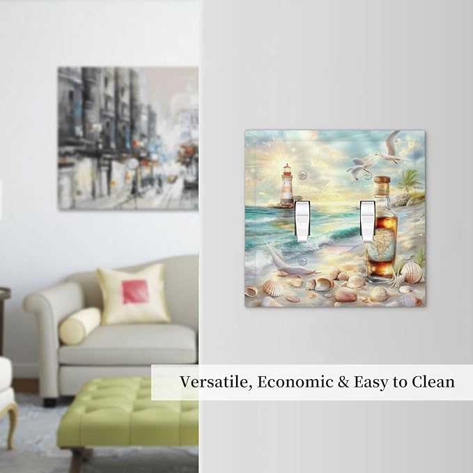 Decorative Switch Plates Beach Ocean Lighthouse Seashells 2 Gang Double Toggle Outlet Light Switch Cover Wall Plate Electrical Faceplate For Bed Room Living Room Decor