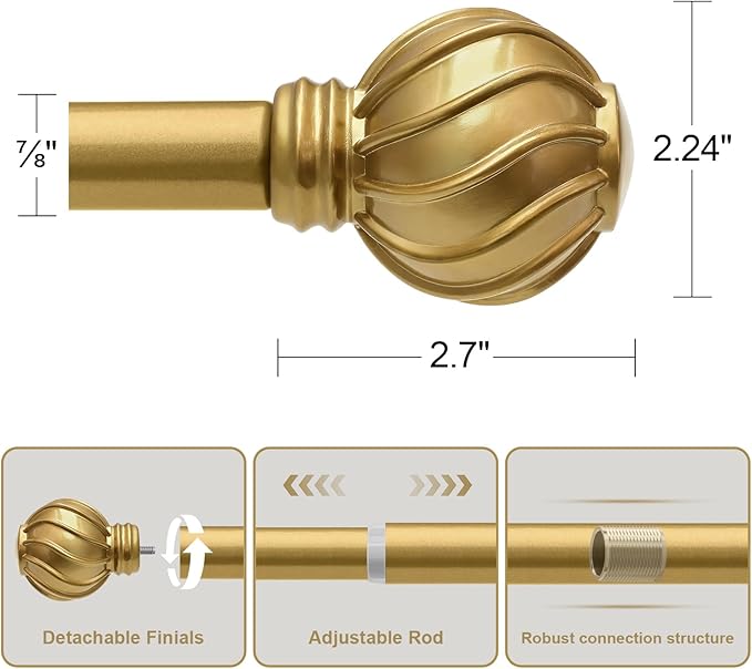 Gold Curtain Rods for Windows 28 to 48 Inch 7/8" Diamete Heavy Duty Adjustable Window Curtain Rod with Decorative Finials for Farmhouse Bedroom Living Room Kitchen Outdoor