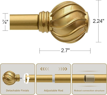 Gold Curtain Rods for Windows 72 to 144 Inch Long Adjustable Window Curtain Rod 7/8" Diamete Heavy Duty with Decorative Finials for Farmhouse Bedroom Living Room Kitchen Outdoor