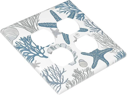 Blue Starfish Nautical Beach Conch Coastal Coral Shell Outlet Covers 2 Gang Double Duplex Decorative Light Switch Covers Electrical Wallplates Socket Faceplate For Kids Room Bathroom Decor