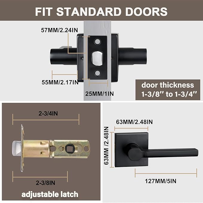 Passage Door Lever (No Lock), Heavy Duty Interior Square Handle for Hallway and Closet, Matte Black, Reversible for Right&Left Handed, 3Packs
