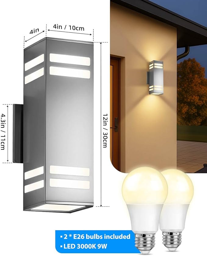 KIZON Modern Dusk to Dawn Outdoor Wall Light, Stainless Steel Up and Down Sconce with E26 Base, Includes 3000K Bulbs, Waterproof Exterior Lighting Fixture for House Porch Garage Entryway