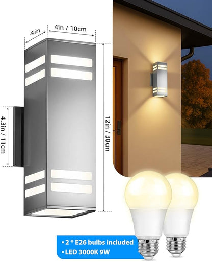 KIZON Modern Dusk to Dawn Outdoor Wall Light, Stainless Steel Up and Down Sconce with E26 Base, Includes 3000K Bulbs, Waterproof Exterior Lighting Fixture for House Porch Garage Entryway