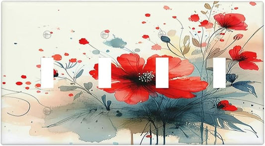 Vintage Floral Red Watercolor Modern Light Switch Covers Quad Toggle 4 Gang Wall Plate Decorative Switch Plates Electrical Faceplate for Bedroom Bathroom Decor