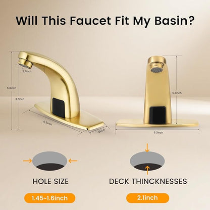 Touchless Bathroom Sink Faucet，Automatic Motion Sensor Faucets with Deck Plate for Commercial Lavatory Gold Plated