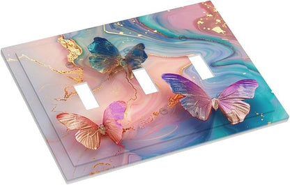 Colorful Marble Butterfly Gold Glitter Abstract Print Decorative Switch Plates 3 Gang Wall Plate Triple Toggle Light Switch Cover Faceplate Electrical Wall Panels for Bed Room Living Room Decor