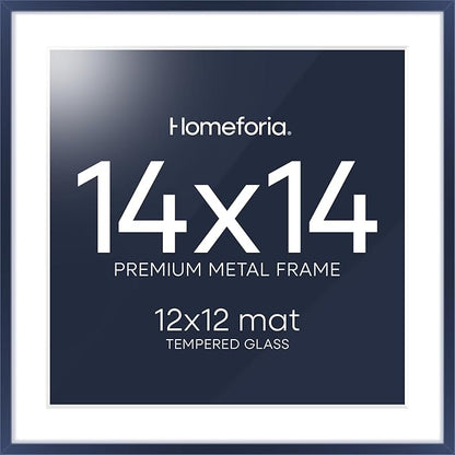Homeforia 14x14 Picture Frame Navy Blue, High End Metal 14 x 14 Square Poster Frame with Mat 12 x 12 Photo, 14x14 Frame Matted to 12x12 Print, 14by14 Hanging Frames, Tempered Glass, Wall Kit, Set of 1
