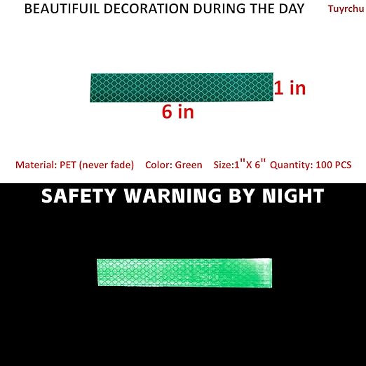 Non Fading Green Reflective Stickers 1 inch X 6 inch, Outdoor Waterproof High Visibility Warning Safety Adhesive Reflector Tape (100 Pcs)