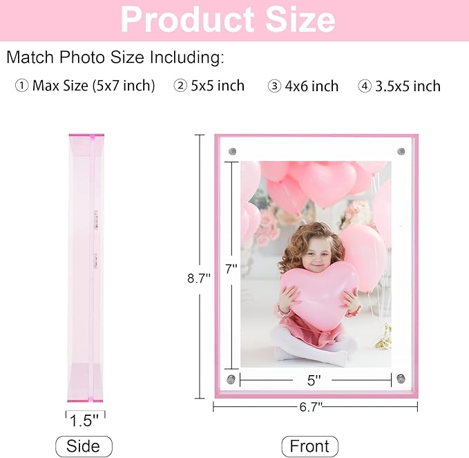 5x7 Picture Frames, Stunning Color Acrylic Photo Frame, Wall & Tabletop Display Frames, Modern Floating Style for Home Office Decoration, Pink (1 Pack)