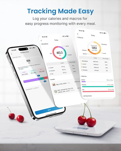 RENPHO Food Scale with Nutritional Calculator, Digital Kitchen Scale for Weight Loss, Smart Food Weight Scale with App for Macro Keto Calorie Cooking, Grams and Ounces, White, 11lb/5kg