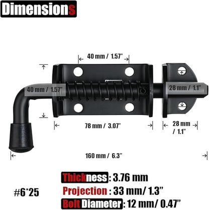JQK Spring Loaded Barrel Bolt Latch, Heavy Duty 304 Stainless Steel Thickened 3mm Door Lock, 6.3 Inch Black, HSB410-BK-P2