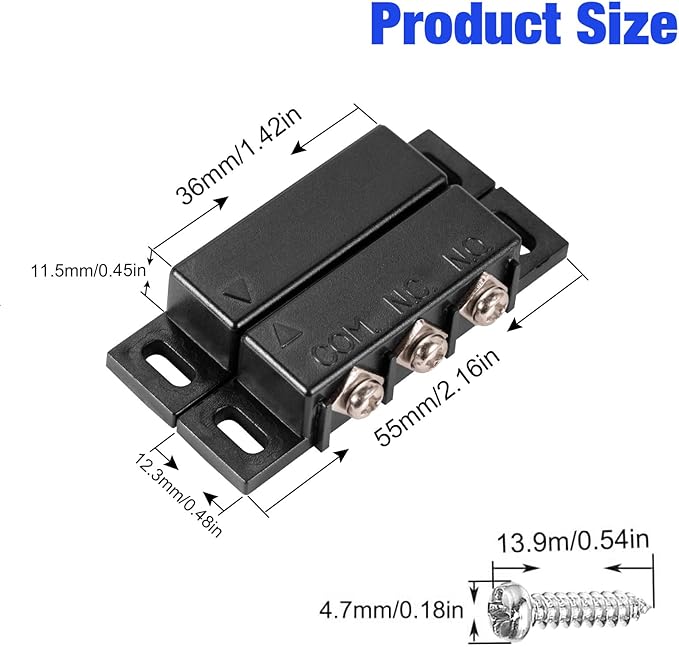 Magnetic Reed Switch Normally Open and Normally Closed NC NO Magnetic Contact Sensor Alarm Magnetic Door Switch,Proximity Switch for Door Alarm, Window Safety, Black,Pack of 2 with 40 Screws