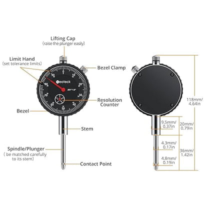 Neoteck 0-1"/0.001" Dial Indicator and Magnetic Base Set with Storage Case, Dial Gauge and Magnetic Holder for 3D Printer Lathe Workshop CNC Machine Table Saw- 176lbs (80kg) Max Pull-Black