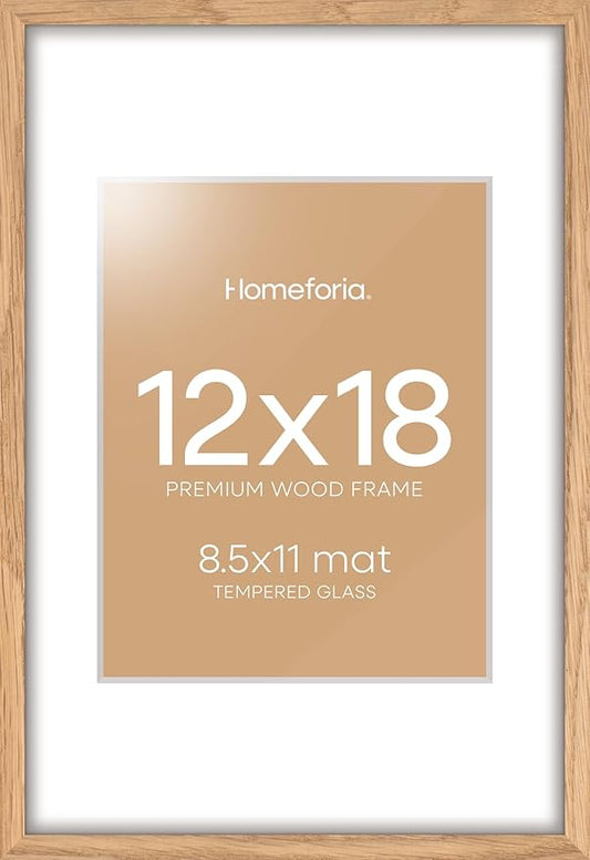 Homeforia 12x17 Picture Frame Natural Wood, High End Oak 12x17 Light Wooden Poster Frame with Mat 10x15, 12 x 17 Frames Matted to 10 x 15 Photo, 17x12 Hanging Frame, Tempered Glass, Wall Kit, Set of 1