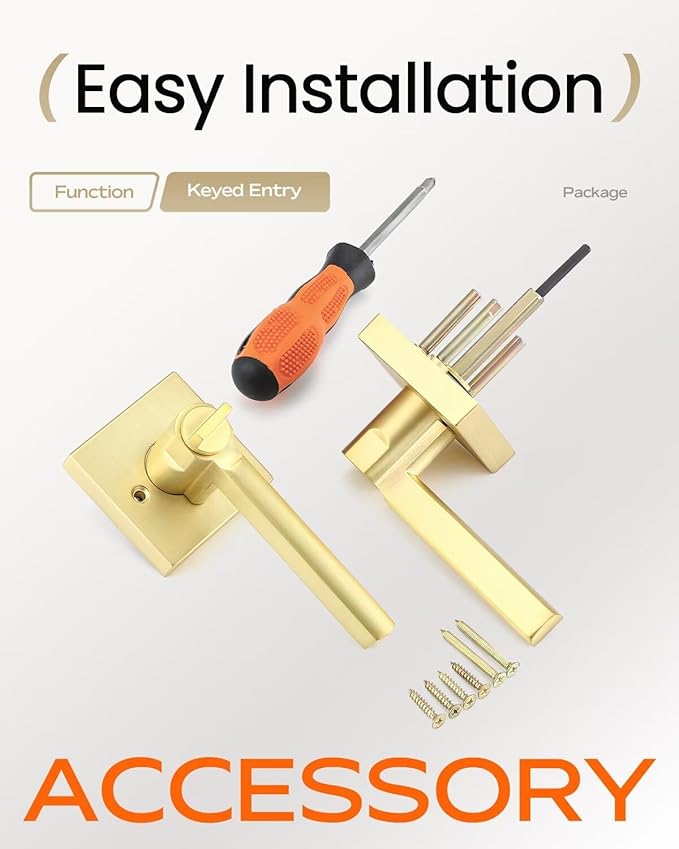 Leydebong 5 Pack Entrance Lever Door Handle [Lock with Three Keys] for Office or Front Door with a Satin Brass Finish, Reversible for Right & Left Side, Entry Lever
