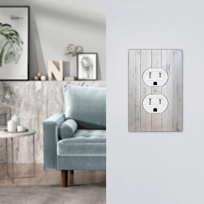 Rustic White Grey Wood Grain Outlet Covers 1 Gang Duplex Light Switch Cover Wall Plate Decorative Switch Plates Electrical Receptacle Faceplate for Bedroom Bathroom Decor