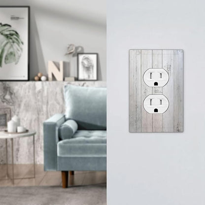 Rustic White Grey Wood Grain Outlet Covers 1 Gang Duplex Light Switch Cover Wall Plate Decorative Switch Plates Electrical Receptacle Faceplate for Bedroom Bathroom Decor