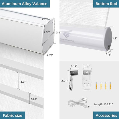 SmartWings Motorized Zebra Shades with Valance Work with Homekit Thread Alexa Smart Dual Layer Shades with Remote Control, Automatic Horizontal Window Blind, 90% Blackout 95mm Astrid Greyish White