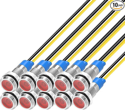 10Pcs 6mm 1/4" LED Metal Indicator Light 110V-220V/AC Waterproof Signal Lamp (Red)