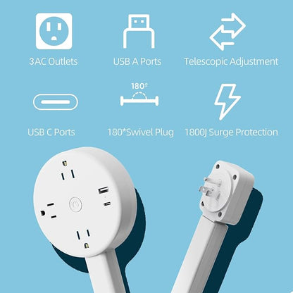 Electrical Outlet Extender,Power Socket Expander Features USB-A, USB-C, and 3 AC Electrical Outlet Extender, 180° Rotating & Extendable for Hard-to-Reach Outlets Behind Couch,Bed,Nightstand,Desk