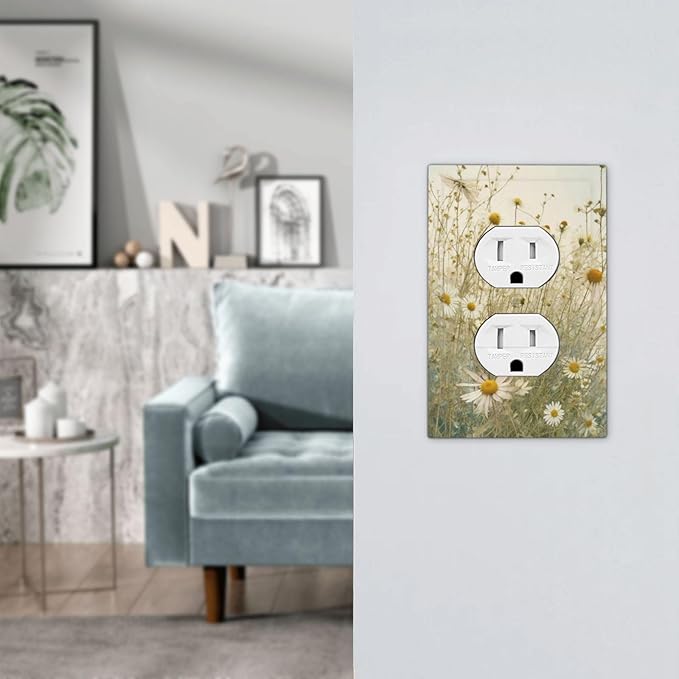 White Wildflowers Daisy Vintage Floral Outlet Covers 1 Gang Duplex Light Switch Cover Decorative Switch Plates Electrical Receptacle Faceplate Wall Plate for Bed Room Living Room Decor