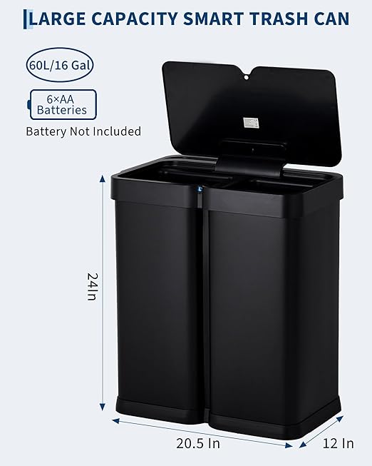 15.8 Gallon Touchless Stainless Steel Dual Compartment Trash Can - Automatic Motion Sensor Recycling Bin with Separated Baskets for Kitchen, Black & Brushed Finish