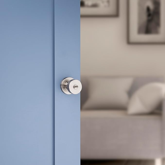 Kwikset Pismo Door Knob Set, 6 Pack with 3 Non-Locking Passage and 3 Locking Keyless Privacy Handles, with Round Rose, Featuring Microban Protection in Satin Nickel