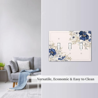 Decorative Light Switch Cover Plate Rustic Blue Beige Flower Peony Floral 3 Gang Wall Plates for Electrical Outlets Triple Toggle Switch Plate Covers Outlet Covers Faceplate for Bedroom Decor