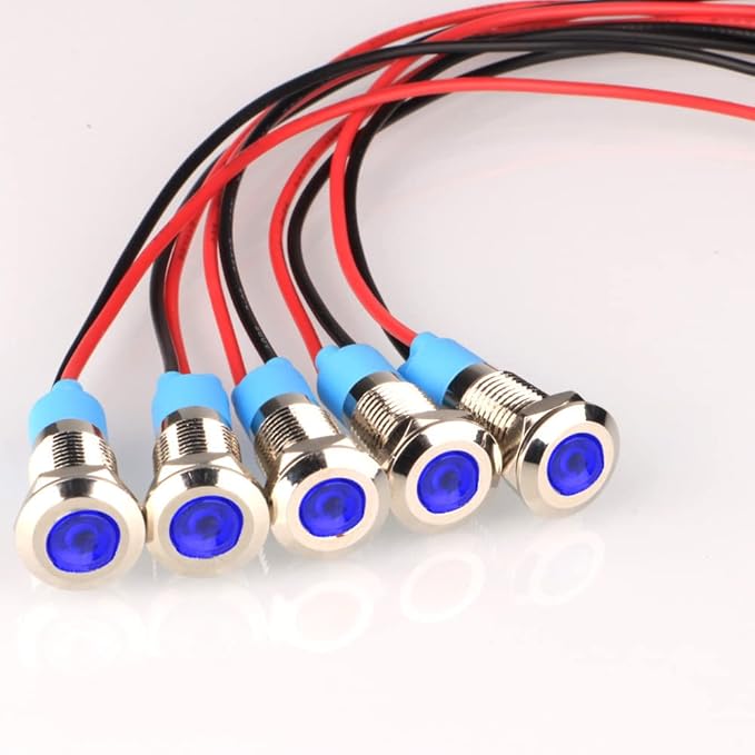 5pcs 8mm LED Metal Indicator Light AC/DC 12-24V Waterproof Signal Lamp Pilot Dash Directional with Wire(Blue)