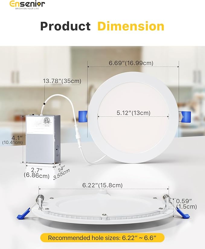Ensenior 12 Pack 6 Inch LED Recessed Ceiling Light, Dimmable, 3000K Warm White, 1050LM 12W 120V, High Brightness Canless Wafer Downlight - ETL&FCC&IC
