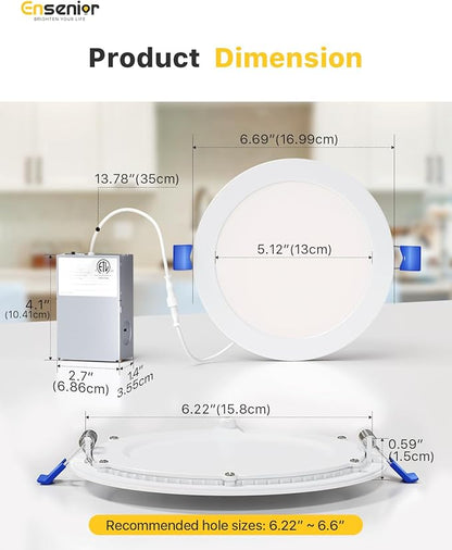 Ensenior 12 Pack 6 Inch LED Recessed Ceiling Light, Dimmable, 3000K Warm White, 1050LM 12W 120V, High Brightness Canless Wafer Downlight - ETL&FCC&IC