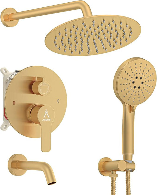 3 Functions Shower System，Modern Three-Setting 10-Inch Round Rain Shower Head and Faucet Set，Shower Faucet Set Complete Rough-in Valve and Trim Kit Included（Brushed Gold）