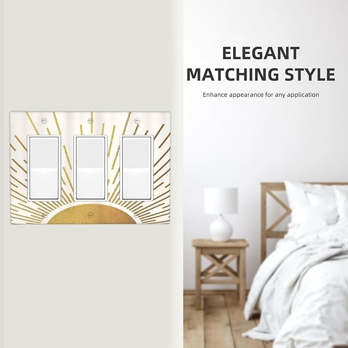 Decorative Outlet Covers Boho Mid Century Gold Sun Sunbeams 3 Gang Light Switch Cover Plate Triple Rocker Wall Plates for Electrical Outlets Switch Plate Covers for Bedroom Home Decor