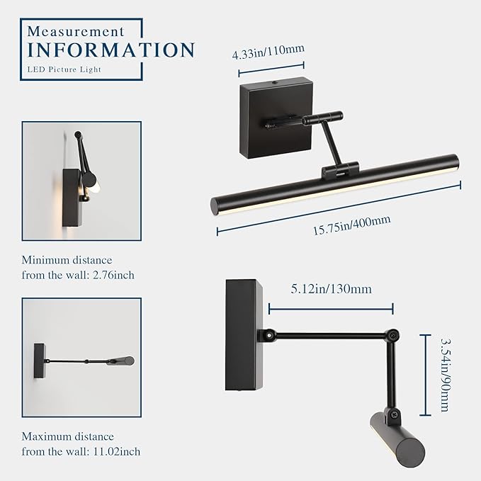 Joossnwell Modern Picture Light Black LED Picture Frame Lights for Paintings Hardwired 110V Gallery Light Artwork Lighting with Adjustable Swing Arm Art Display Lamp 15.5 Inch 7W Warm White