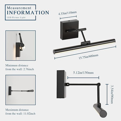 Joossnwell Modern Picture Light Black LED Picture Frame Lights for Paintings Hardwired 110V Gallery Light Artwork Lighting with Adjustable Swing Arm Art Display Lamp 15.5 Inch 7W Warm White