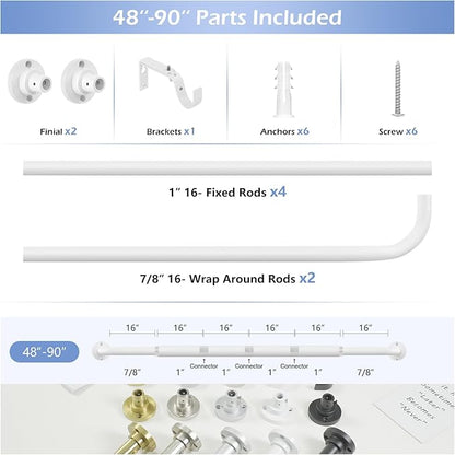 White Wrap Around Curtain Rods 48 to 90 Inch:Blackout Heavy duty Adjustable Window Curtain Rod for Bedroom,Industrial Darkening Curved French Metal Single Drapery Rods Easy Install,Pure White