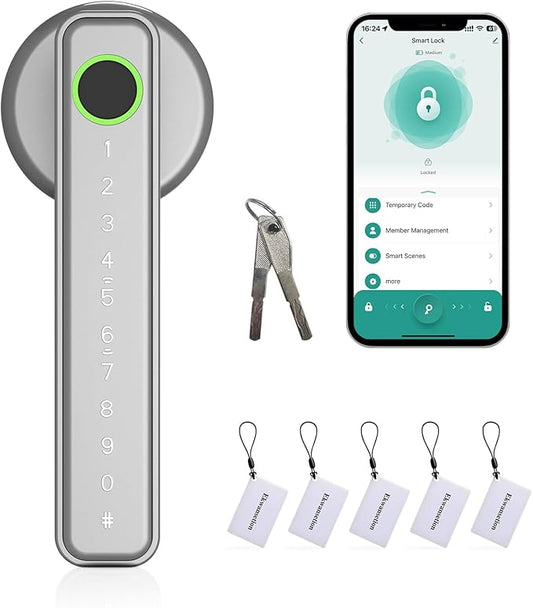 Fingerprint Door Lock Smart Door Lock with Keypad Keyless Entry Door Lock with Handle for Home Hotel Office Apartment Bedroom with Alexa (Silver app Unlock) Ekwansetion