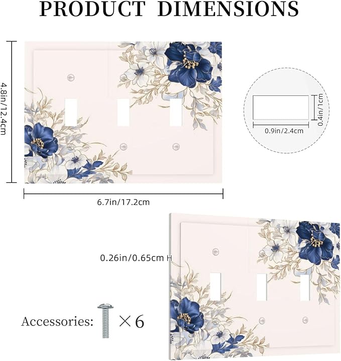 Decorative Light Switch Cover Plate Rustic Blue Beige Flower Peony Floral 3 Gang Wall Plates for Electrical Outlets Triple Toggle Switch Plate Covers Outlet Covers Faceplate for Bedroom Decor