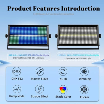 MINGJIE 500W LED Stage Strobe Wash Light with 960 LEDs RGBW 12 Colors, DMX512/Sound Activated/Auto/Master-Slave Modes, Metal Housing for DJ Disco Party Wedding Church Bar Stage Lighting (1PC Light)