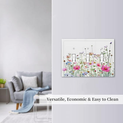 Decorative Switch Plates Boho Colorful Flowering Plant Wild Flower 3 Gang Wall Plate Triple Toggle Light Switch Cover Faceplate Electrical Wall Panels For Bed Room Living Room Decor